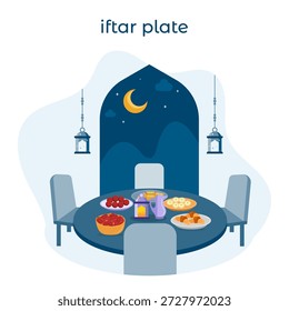 Ramadan Iftar celebration illustration featuring a traditional table laden with dates, pastries, sweets, and beverages under a crescent moon sky. Perfect for Islamic holidays.