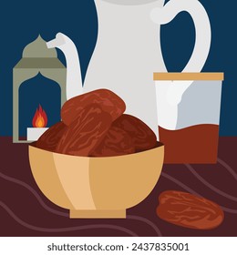 ramadan iftar dinner kurma tea lantern illustration