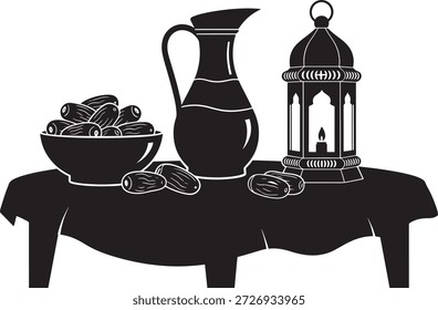 Comida Iftar Ramadã na mesa. Ilustração vetorial de uma tigela de tâmaras, jarra de água e lanterna árabe tradicional. Elementos de café da manhã islâmicos isolados sobre fundo branco.