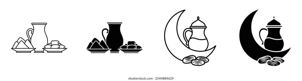 Ramadan iftar icon collection in black and white filled and solid vector style.