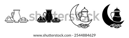 Ramadan iftar icon collection in black and white filled and solid vector style.