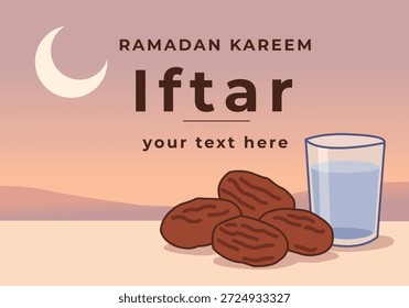 Ilustração Iftar Ramadã com datas, água, lua crescente e pôr do sol