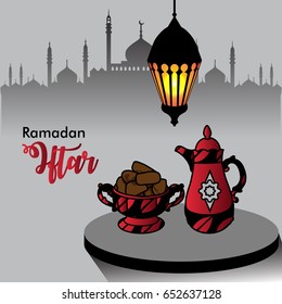 Ramadan Iftar Illustration with Lantern in Sweet Dates for Islamic Holy Month, Ramadan Kareem, Iftar Party celebration.