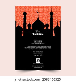 Ramadan Iftar Invitation Template with Beautiful Pattern Design, mosque silhouette and Ramadan Decorations