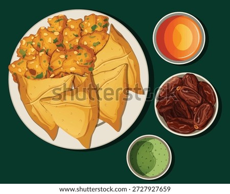 Ramadan Iftar Meal Concept with Samosas, Pakoras, Mint Dip, Dates, and Orange Juice Top View Illustration on Emerald Green