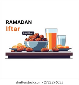 Comida iftar de Ramadán con dátiles, jugo de naranja, agua y un tazón de dátiles en una mesa con