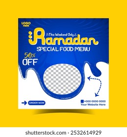 Diseño de post de comida del menú iftar de Ramadán y Plantilla de Anuncio de redes sociales