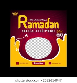 Diseño de post de comida del menú iftar de Ramadán y Plantilla de Anuncio de redes sociales