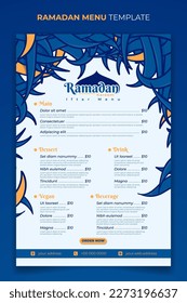 Plantilla de menú iftar de Ramadán con diseño de hierba en fondo blanco azul