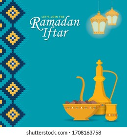 Ramadan Iftar party celebration template design. Fanous lantern, sweet dates, arabic teapot & cup in flat design on blue pattern background. Ramadan Kareem the holy month of Islam.