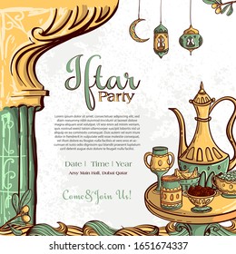 Ramadan Iftar Party Greeting Card with Hand drawn Dates and Islamic Food on White Grunge Background.