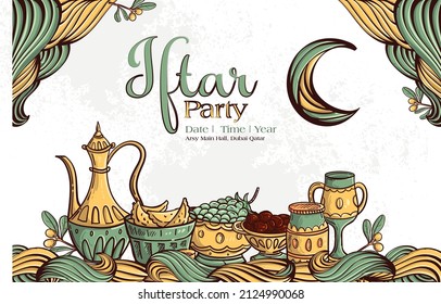 Ramadan Iftar Party Greeting Card with Hand drawn Dates and Islamic Food on White Grunge