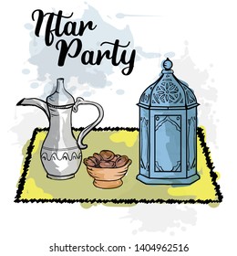 Ramadan iftar party hand drawn, cute, elegant for background, card, invitation, banner, web