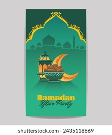 Ramadan iftar party islamic social media story vector editable template design with arabic lantern, a bowl full of dates fruit, crescent, and silhouette of mosque