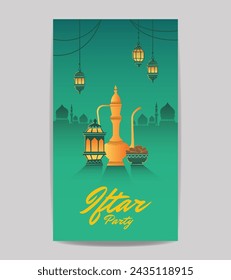 Ramadan iftar party islamic social media story vector editable template design with arabic teapot, a bowl full of dates fruit, and arabic lantern