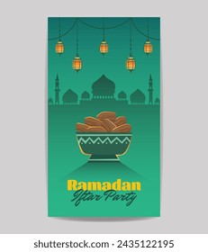 Ramadan iftar party islamic social media story vector editable template design with a bowl full of dates fruit, arabic lantern, and silhouette of mosque