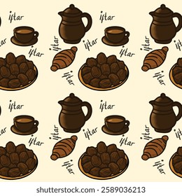 Ramadan iftar seamless pattern food and beverage. Hand drawn of teapot, a cup of tea, bread and dates in brown themed. Illustration for wallpaper, wrap, and other printing needs. Vector clip art.