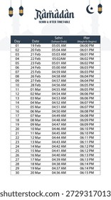 Horario de Ramadán iftar sehri para el Vector editable de la mezquita local. Calendario islámico de Ramadán para el diseño de Vectores de anuncios comunitarios.