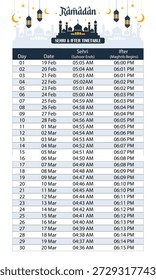 Horario de Ramadán iftar sehri para el Vector editable de la mezquita local. Calendario islámico de Ramadán para el diseño de Vectores de anuncios comunitarios.