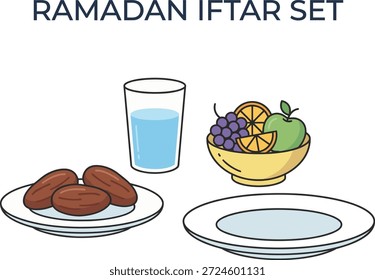 Ramadan iftar spread featuring dates, fresh fruit, water, and empty plates for a meal.