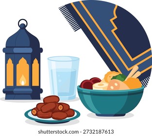 Ramadan iftar table with lantern, dates, food bowl and glass of water. Flat vector illustration on white background.