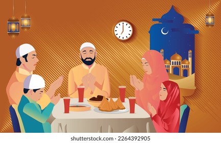 Ramadan Iftar Time With Family Prayers Vector Design