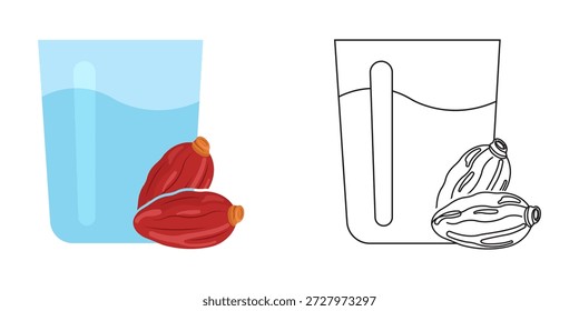Ramadán Iftar tradicional con un vaso claro de agua y dos dátiles rojos frescos, presentado en una Ilustración vectorial plana moderna y un dibujo de contorno negro para actividades de coloración.
