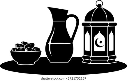 ramadan iftar Traditional table setting with water jug bowl of dates and decorative lantern for festive gatherings