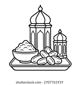 Bandeja iftar de Ramadán con dátiles, comida tradicional y linternas aisladas sobre fondo blanco