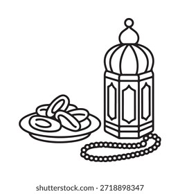 Ramadan illustration featuring dates a lantern and prayer beads in black and white