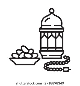 Ilustración de Ramadán con una linterna de dátiles y cuentas de oración en diseño lineal