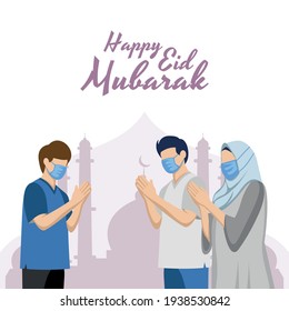Diseño plano de ilustración de Ramadán con hombres y mujeres saludando a Eid Mubarak feliz. 