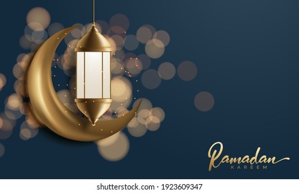 Ramadan illustration with golden moon and lantern