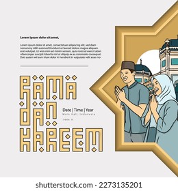 Ramadan illustration with islamic people and mosque for banner or flyer