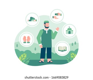 Ramadan Illustration With A Man Standing And Surrounded By Islamic Icons Vector