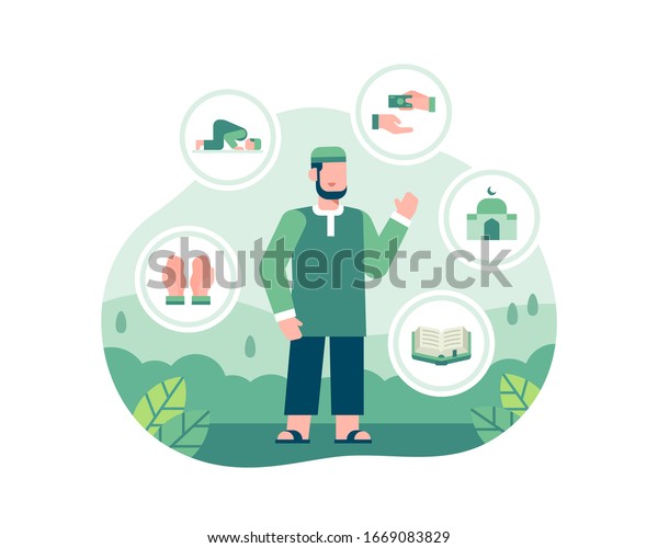 Ramadan Illustration With A Man Standing And\
Surrounded By Islamic Icons\
Vector