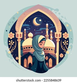 Ramadan illustration of a muslim cartoon character with a lantern, a crescent and arabic theme and culture. Celebrating the holy month of Ramadan, Eid al fitr and adha, Hajj and other islamic events.