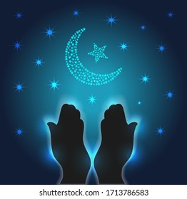 Ramadán Ilustración de rezar manos con la luna. Diseño espiritual islámico.