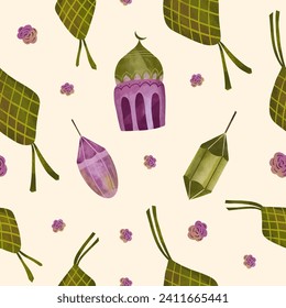 ramadan illustration of rice dumpling or ketupat and flower ornament seamless pattern.