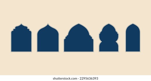 Ramadan Illustration Set. Collection of Oriental-style Islamic Ramadan Kareem with Modern Designs, Mosque Doors, Mosque Domes, and Mosque Windows.