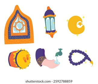 Ramadan illustration set with lantern, crescent moon, drum, prayer beads, and mosque window in a festive style.