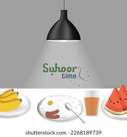 Ramadan Illustration : Suhoor scene with food on table and hanging lamp, Ramadan month theme vector