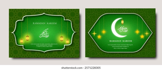 ramadan illustration template poster, greeting card, background landscape green color themed for ramadan season or ied fitr 