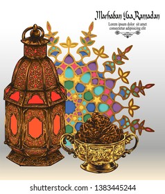ramadan illustration themed. islamic lantern with handrawn color vector