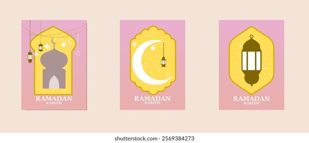 ramadan illustrator poster, template greeting card with yellow and pink color themed 