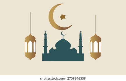 a ramadan image that have mosque and have two lantern and also the ramadan moon with star