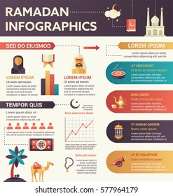 Ramadan - infographic vector flat design illustration with copyspace. Koran, male, female person, hijab, chart, beads, drums, teapot, mosque, palm, cannon.