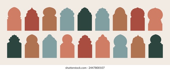 Ramadan Islam Arch Frames Set. Vector Arab Windows Shapes and Doors Elements In Minimal Boho Style for Labels, Logo, Banner Templates.