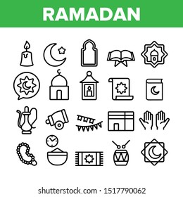 Ramadan Islam Collection Elements Icons Set Vector Thin Line. Koran And Crescent, Hands And Candle, Carpet And Drum Mubarak Ramadan Holiday Concept Linear Pictograms. Monochrome Contour Illustrations