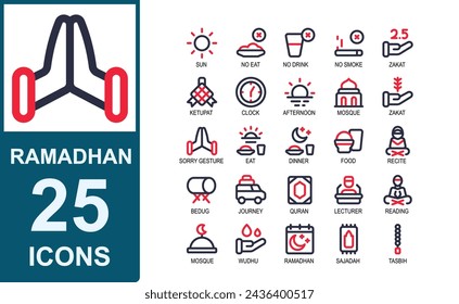 ramadan islam icon set.2 line color style.contains no eating,no drinking,no smoking,alms,zakat,religion, holy, pray, carpet, charity .vector illustrator